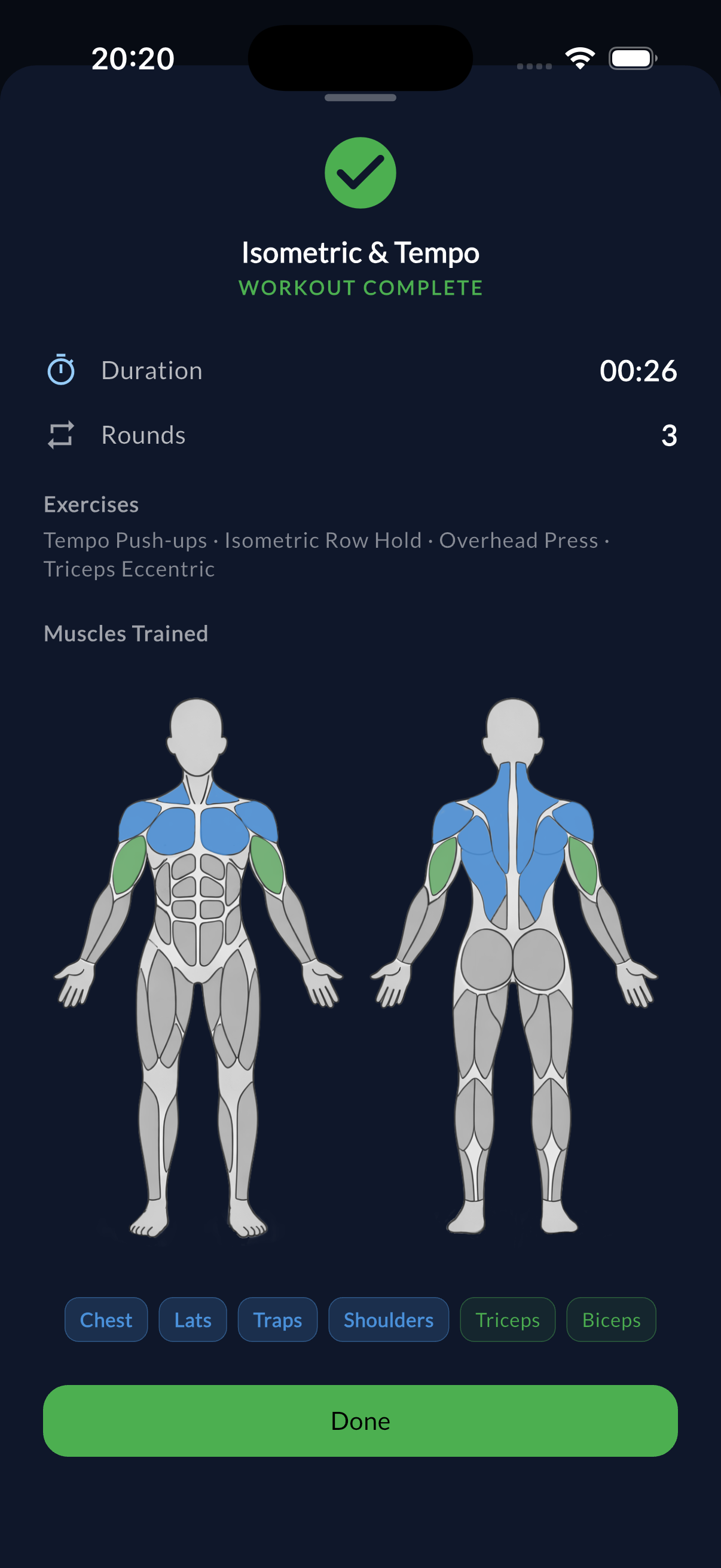 Workout complete summary with muscles trained